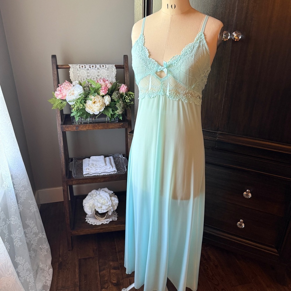 Nightgown Lace Maxi Slip Dress Mint Blue Sheer Nylon M Coquette Boho 90s